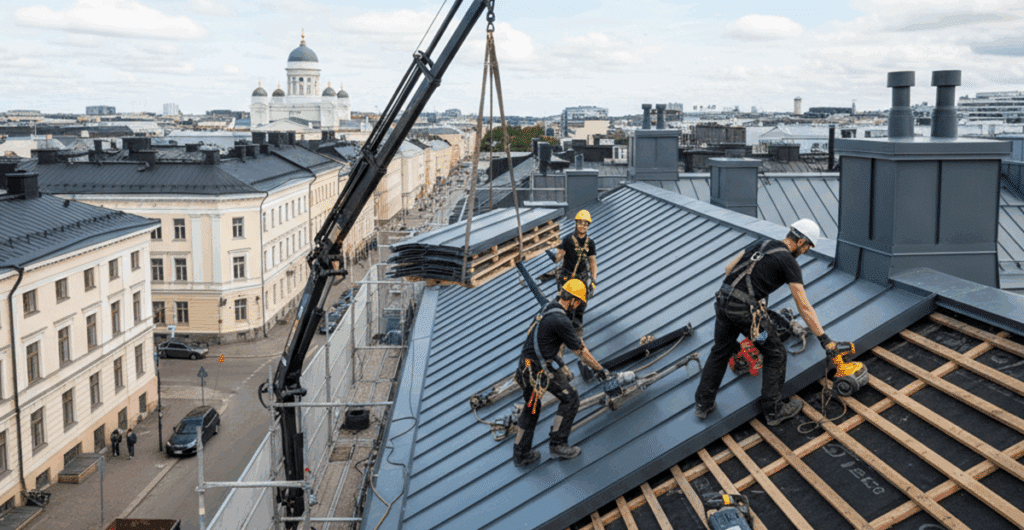 Kattoremontti helsinkiläisessä kerrostalossa.